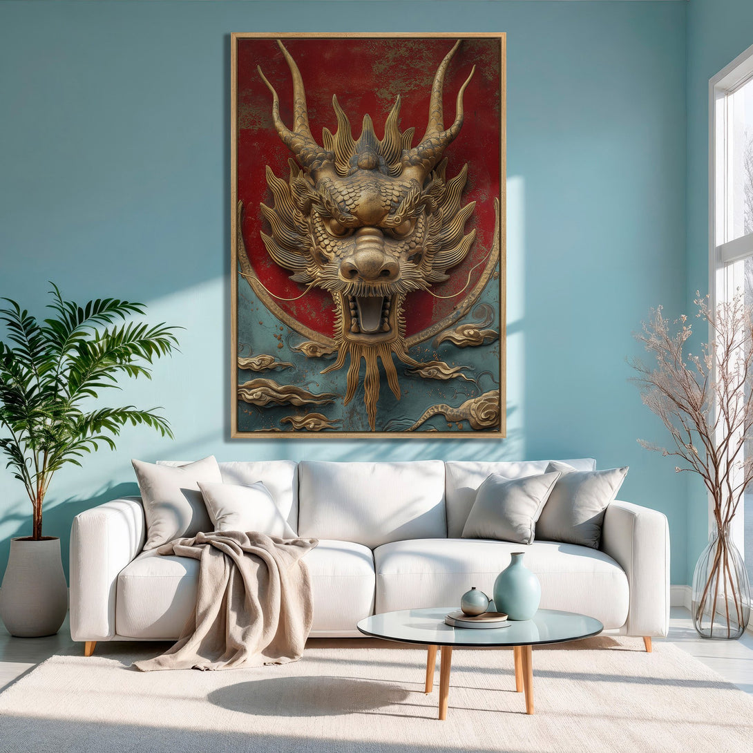 Framed Wall Art: Majestic gold dragon canvas print in a modern living room. Rich red, gold, and teal color palette for a touch of Asian-inspired decor.
