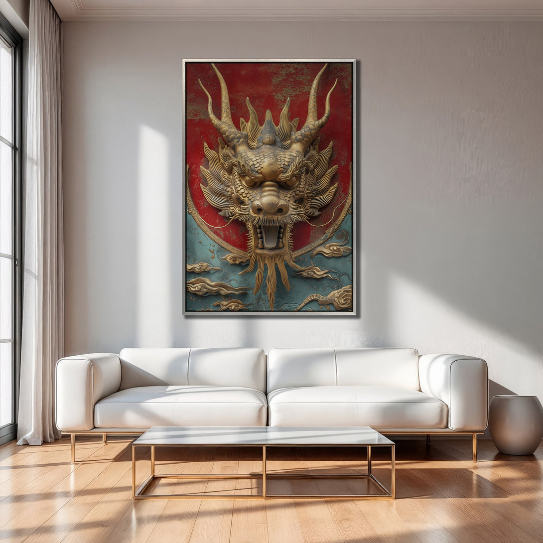 Framed Wall Art: Gold dragon canvas print in a modern interior. Features a red, gold, and teal color palette, perfect for adding a touch of Asian-inspired art.