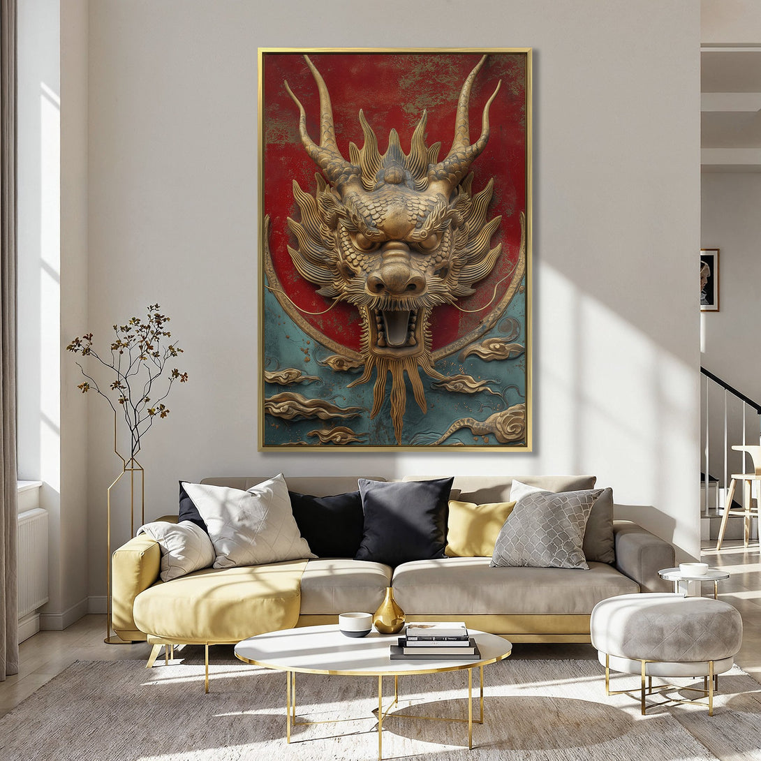 Canvas Print of a golden dragon head on a red/teal background. Adds an Asian-inspired touch with a warm, inviting color palette.