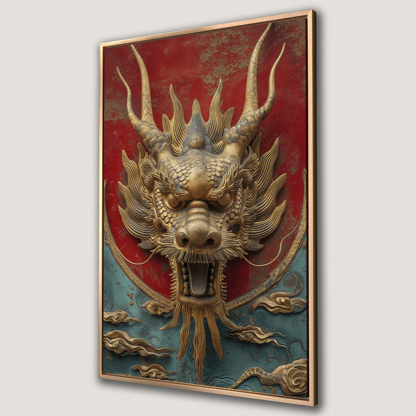 Framed Wall Art of a detailed golden dragon on red and teal background. Adds an elegant, Asian-inspired touch to any space. Shop now!