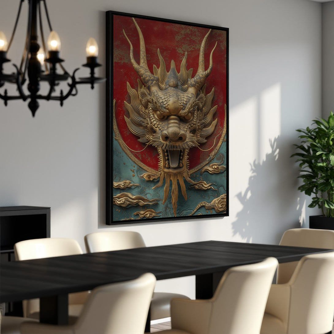 Framed Wall Art featuring a golden dragon on a red and teal background. Elevate your space with this stunning piece of Asian-inspired wall decor.