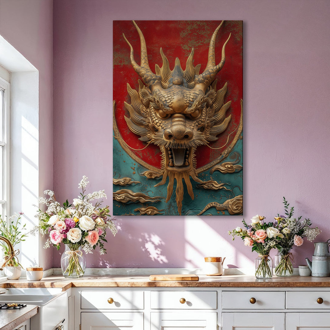 Framed Wall Art: Majestic golden dragon canvas print. Rich red, teal & gold color palette. Elevate your home decor with this stunning artwork.