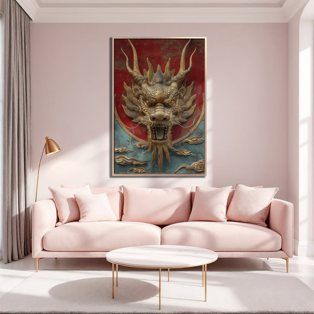 Framed Wall Art: Majestic golden dragon canvas print. Features a detailed, textured design with a red, teal, and gold color palette. Perfect for adding a touch of elegance.