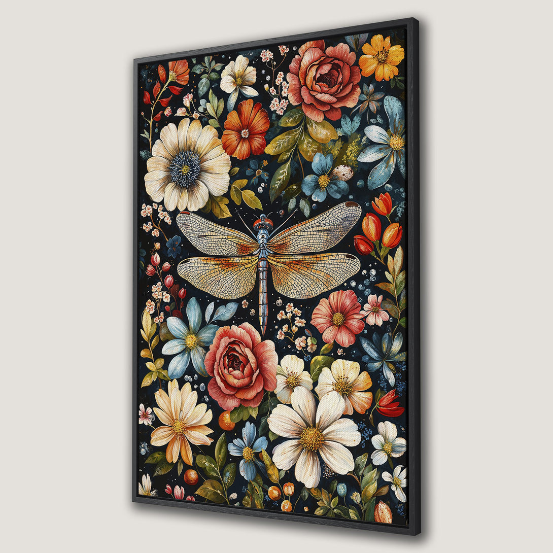 Framed Wall Art featuring a vibrant dragonfly and floral design in watercolor style, with a rich, dark color palette. Perfect for adding art to your home!