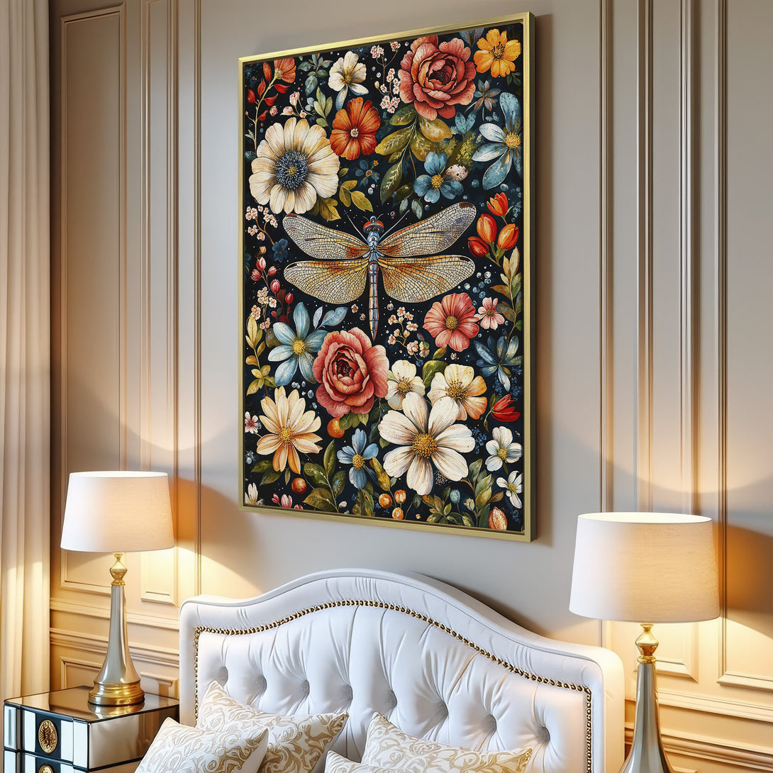 Canvas Print featuring a vibrant dragonfly and floral design in a watercolor style. Warm, colorful palette of reds, oranges, blues, and greens.