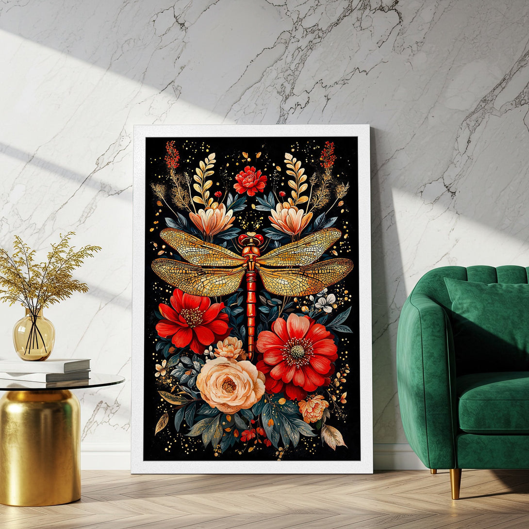 Framed Poster featuring a dragonfly and floral design. Artistic style with a rich red, gold, and black color palette. Perfect wall art.