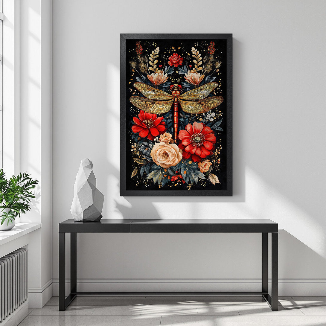 Framed Poster featuring a golden dragonfly and floral design with a red, gold, and black color palette. Perfect wall art for your home!
