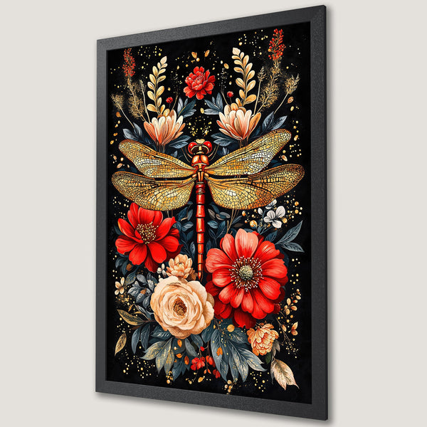 Framed Poster featuring a dragonfly and floral design in a watercolor style with a black, red, and gold color palette.