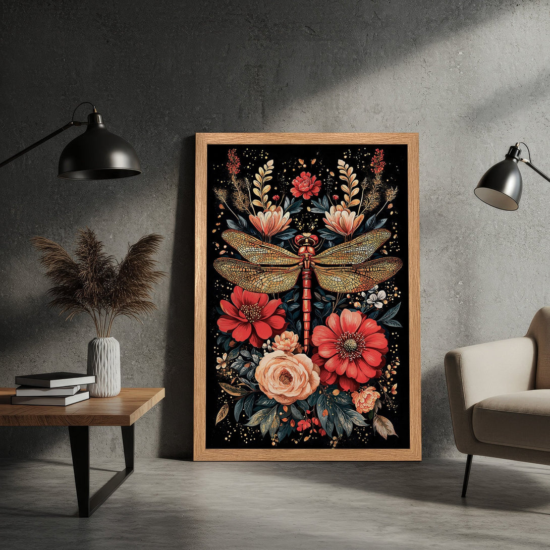 Framed Poster featuring a dragonfly and floral design in a vintage style with a rich red and gold color palette.