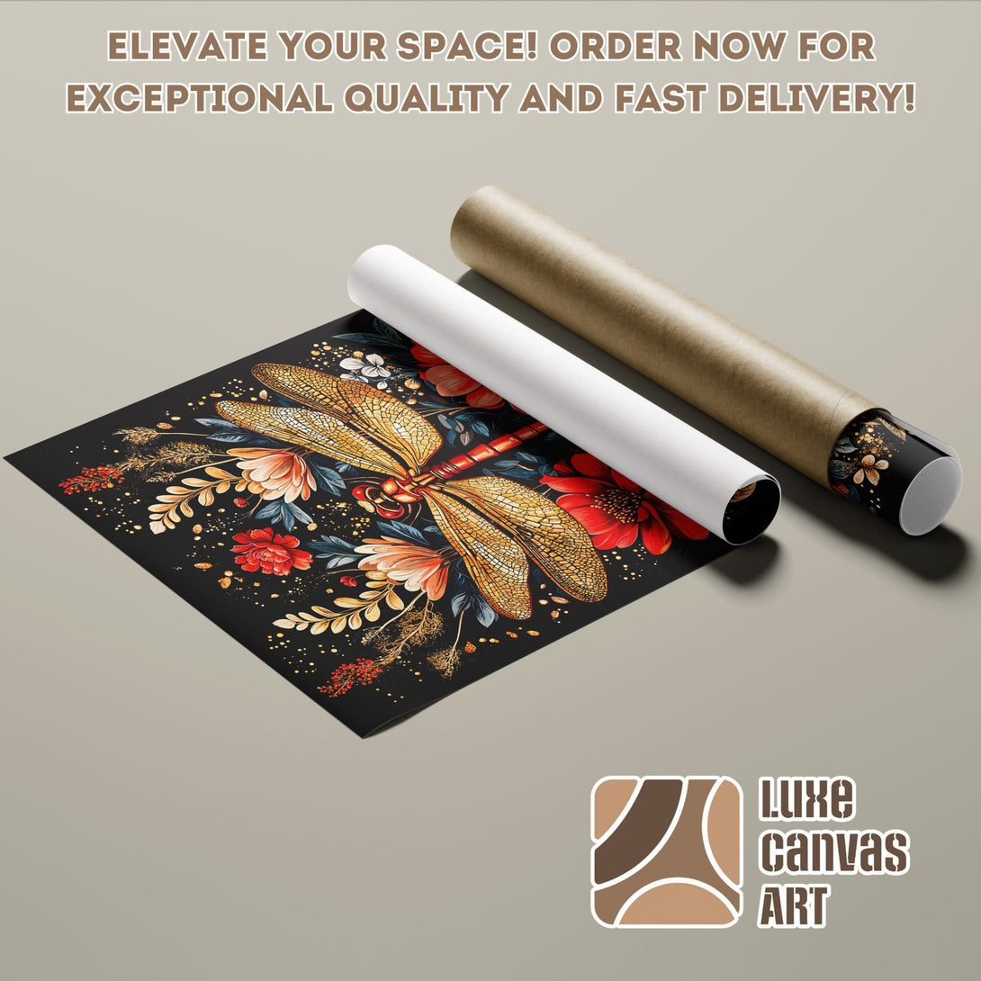 Dragonfly Poster Roll art print, floral design, black background with gold and red accents. Elevate your space with Luxe Canvas Art.