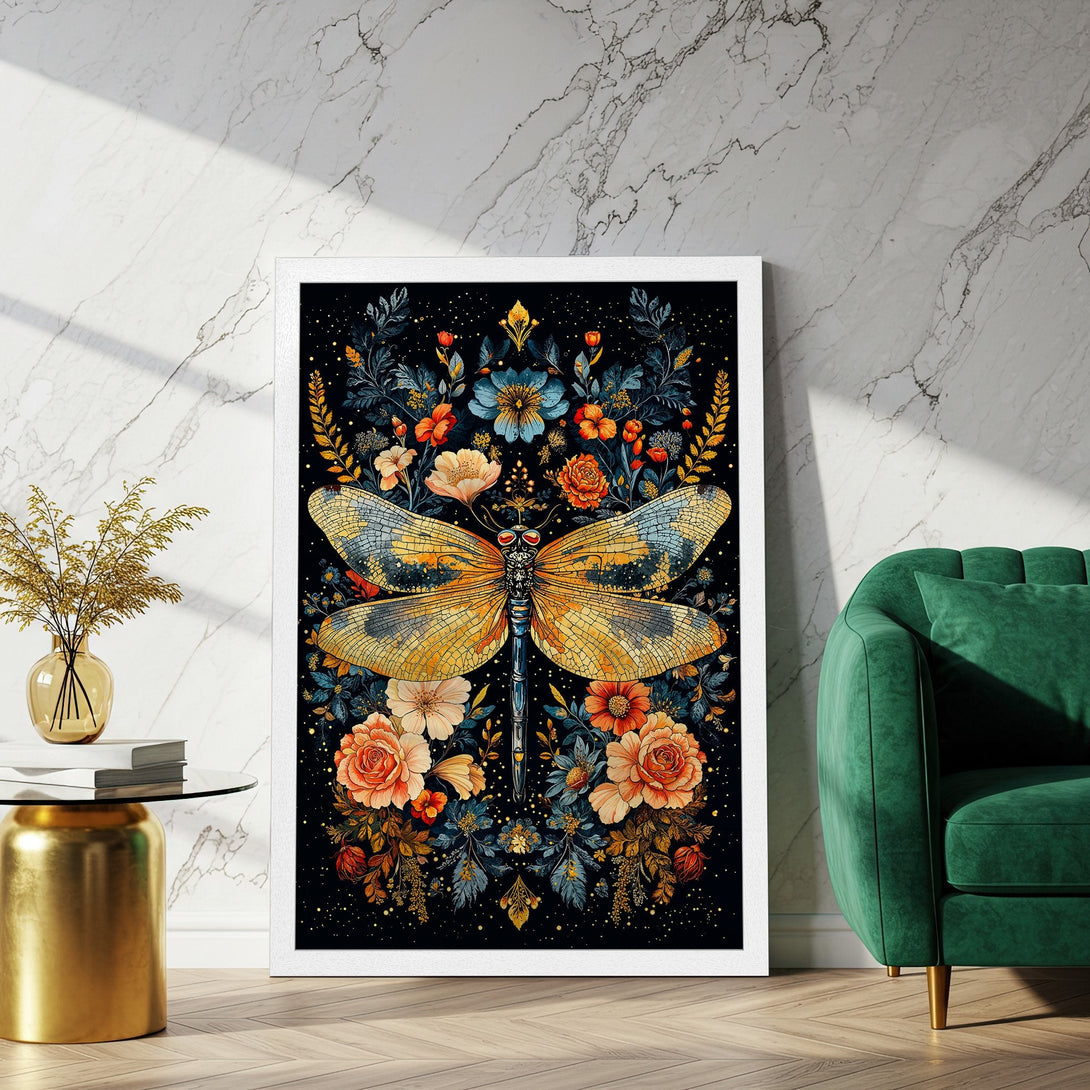 Framed Poster featuring a vibrant dragonfly and floral design. Artistic style with a dark background and warm color palette. Perfect wall art!