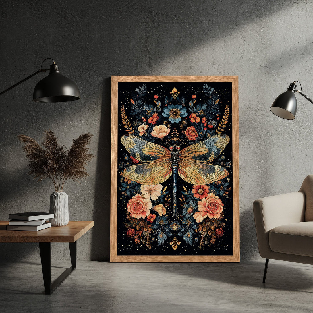 Framed Poster featuring a dragonfly design with floral elements. Dark background with warm color palette, perfect for home decor.