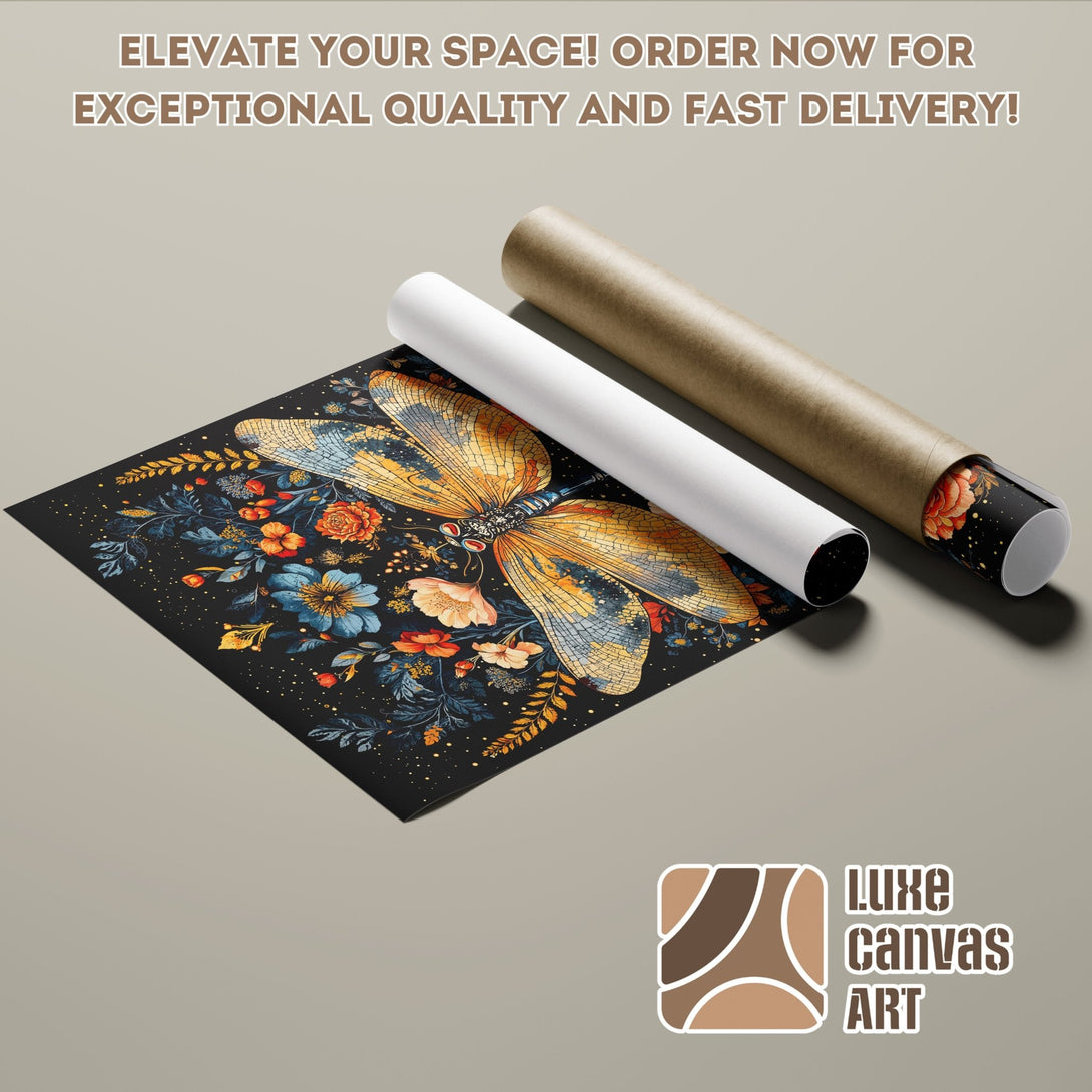 Butterfly Poster Roll art print, featuring a floral design with a black background and warm color palette. Order now!