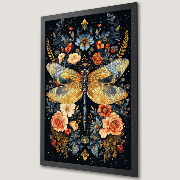 Framed Poster featuring a dragonfly and floral design in a watercolor style with a dark, warm color palette. Perfect wall art!