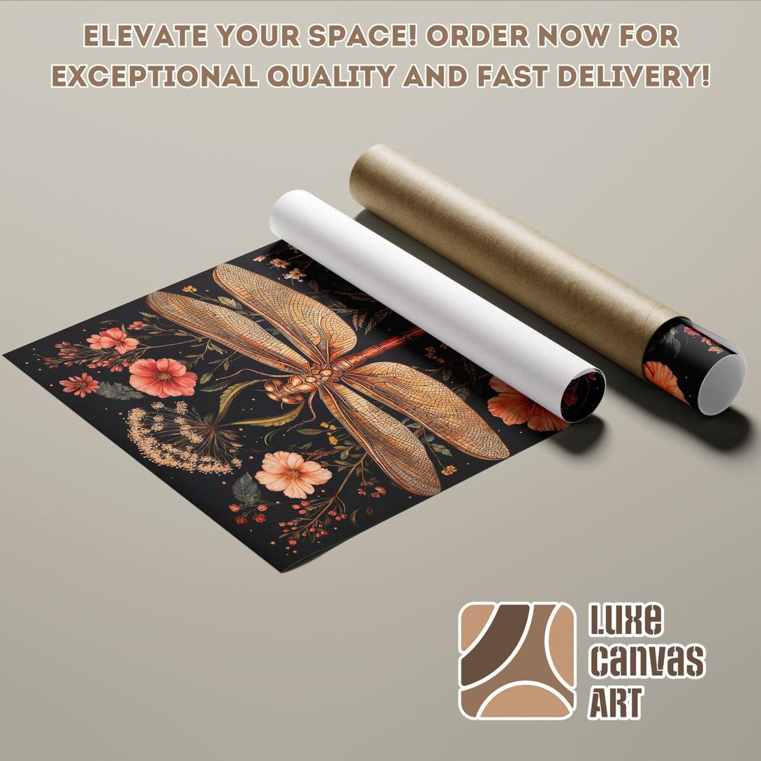 Poster Roll featuring a dragonfly and floral design in a warm, earthy color palette. Elevate your space with Luxe Canvas Art!