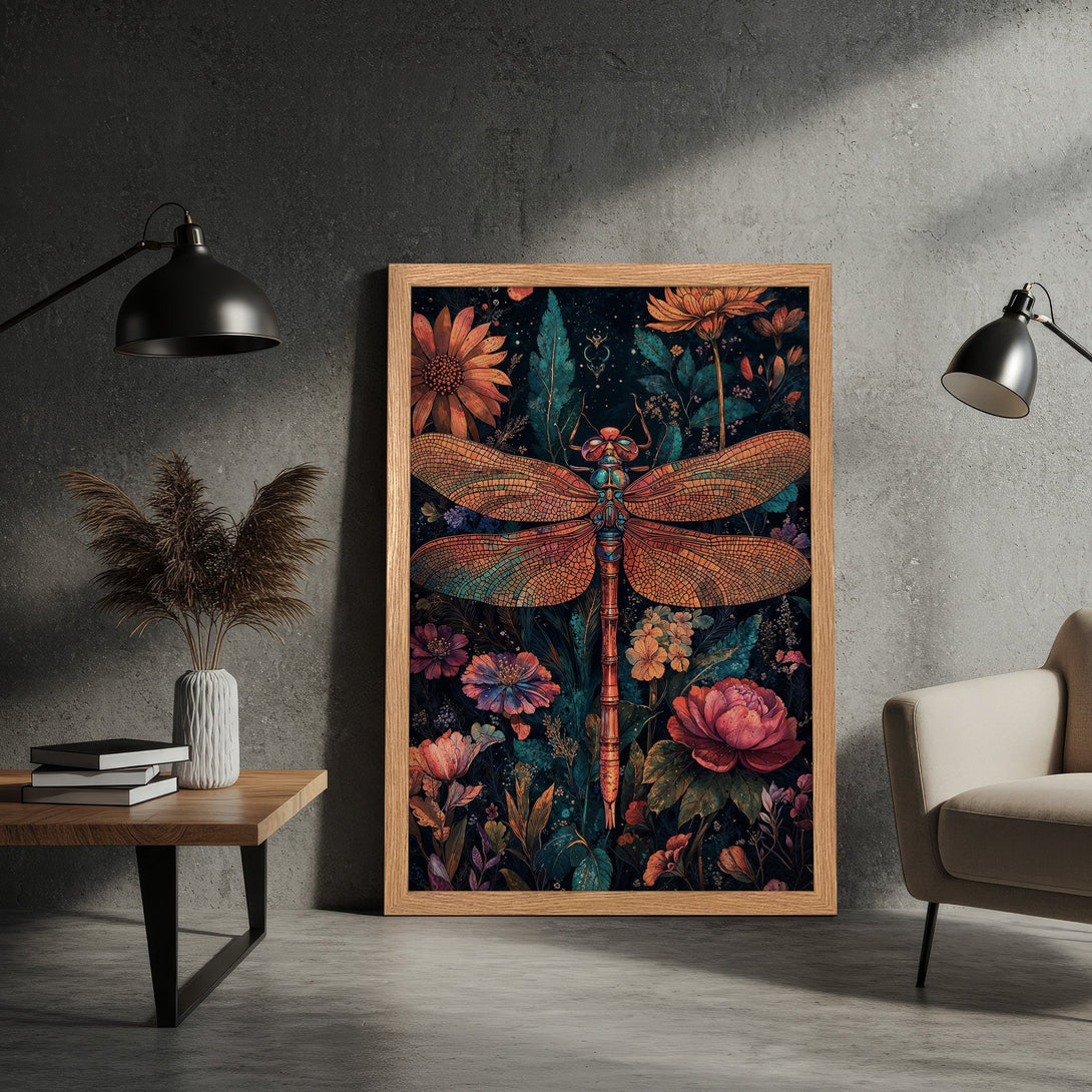 Framed Poster featuring a dragonfly and floral design. Artistic style with a dark, moody palette of orange, teal, and pink.