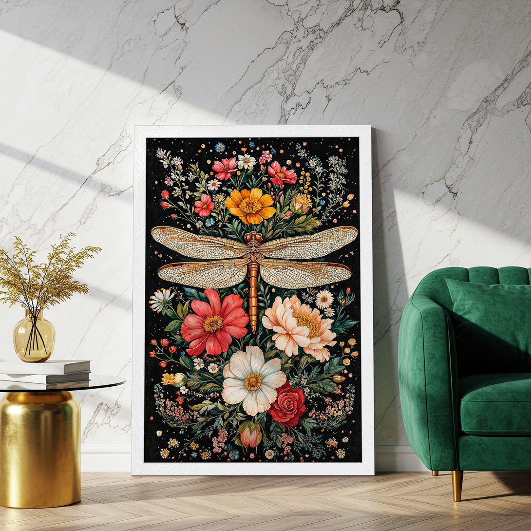 Framed Poster featuring a dragonfly and floral design. Botanical illustration with vibrant colors on a black background. Perfect wall art!