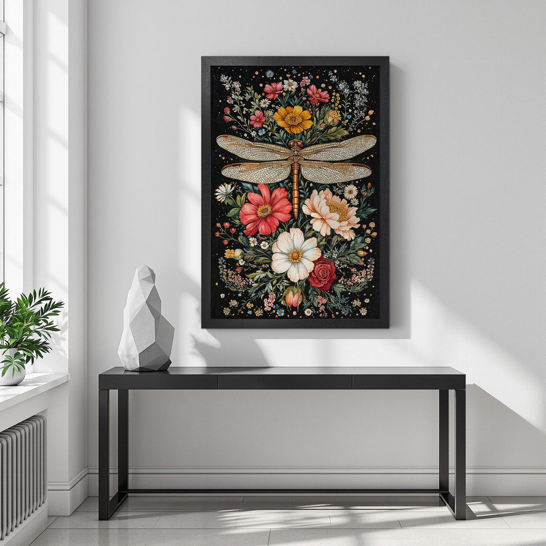 Framed Poster featuring a dragonfly and floral design in a watercolor style. Rich colors on a black background. Perfect wall art!