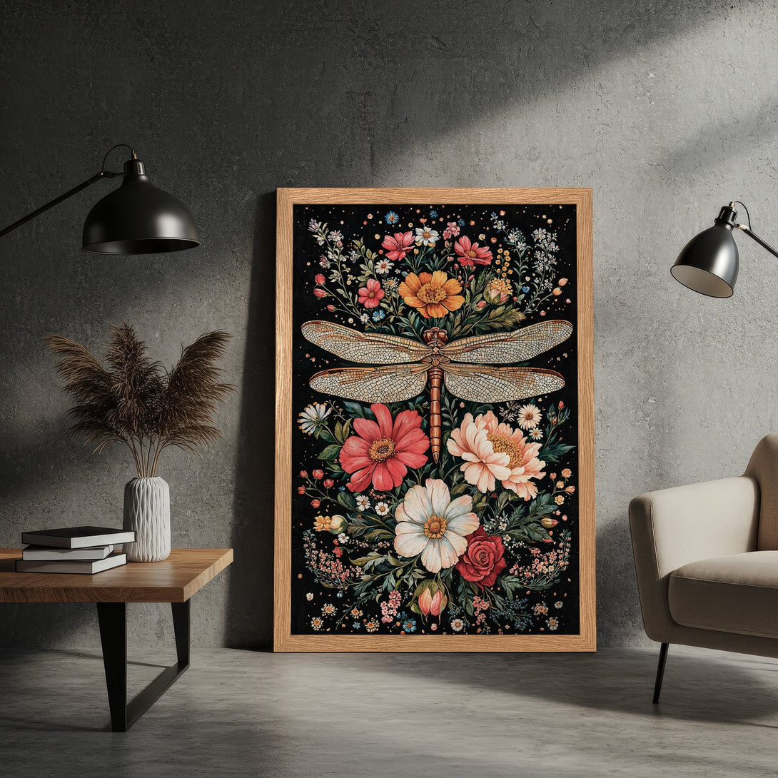 Framed Poster featuring a dragonfly and floral design with a vintage style and a warm color palette. Perfect wall art!