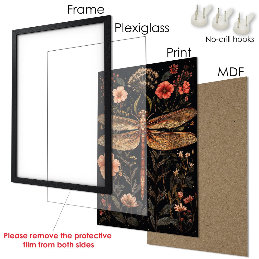 Framed Poster featuring a dragonfly and floral design in a dark, elegant style with a warm color palette. Perfect wall art!