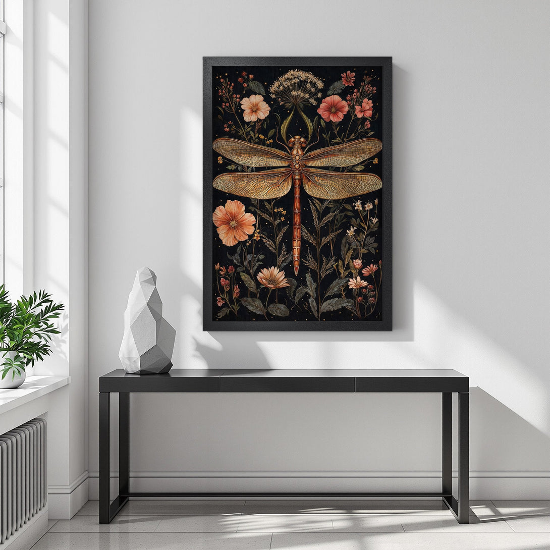 Framed Poster featuring a dragonfly and floral design in a vintage style with a warm, earthy color palette. Perfect wall art!