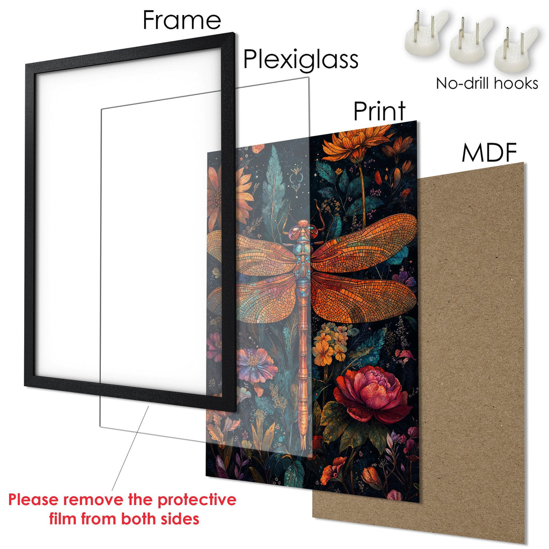 Framed Poster featuring a dragonfly and floral design in a dark, rich color palette. Perfect wall art!