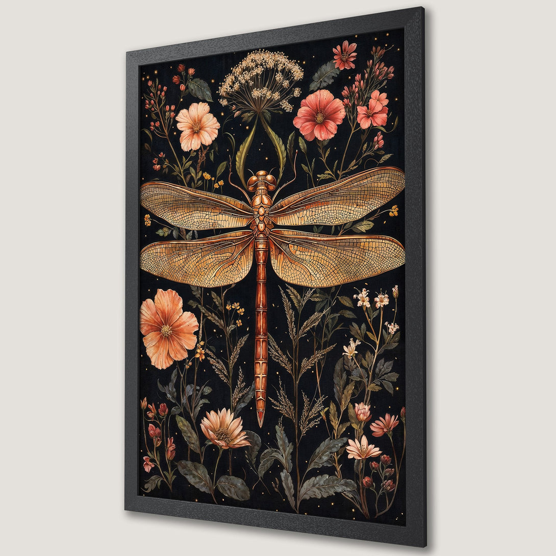 Framed Poster featuring a dragonfly and floral design. Vintage style artwork with a warm, earthy color palette. Perfect wall decor.
