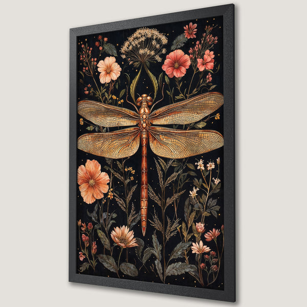 Framed Poster featuring a dragonfly and floral design. Vintage style artwork with a warm, earthy color palette. Perfect wall decor.
