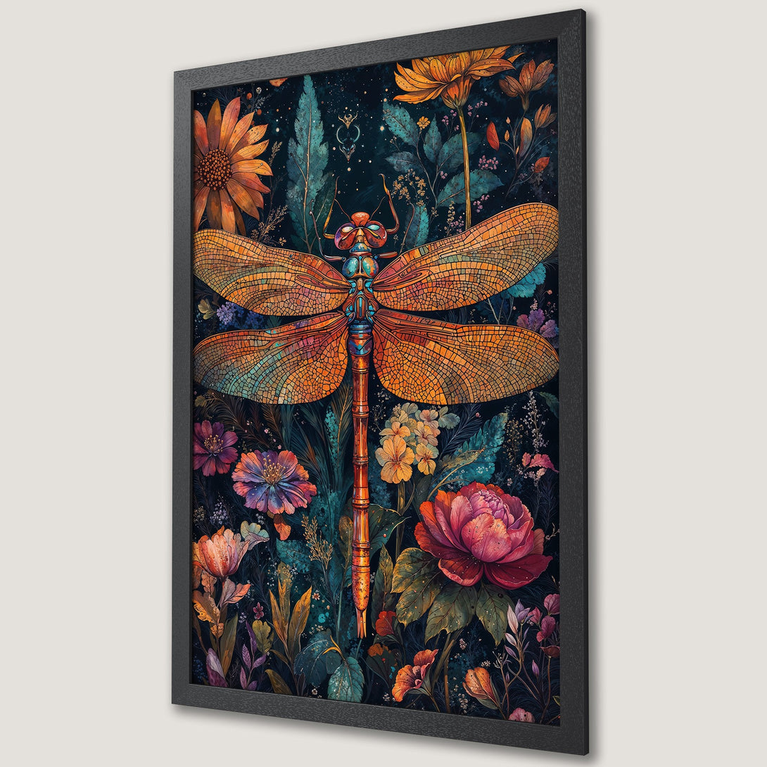 Framed Poster featuring a dragonfly in a floral garden. Artistic style with warm orange, teal, and purple hues on a dark background. Perfect wall art!