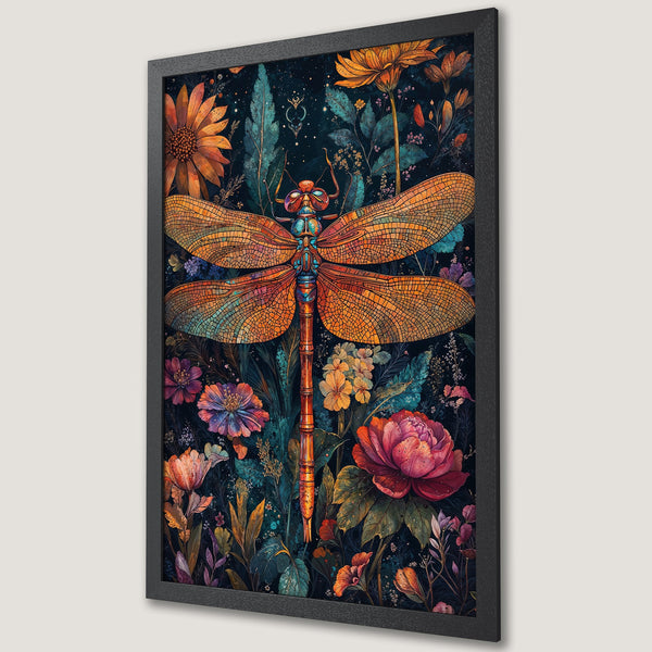 Framed Poster featuring a dragonfly in a floral garden. Artistic style with warm orange, teal, and purple hues on a dark background. Perfect wall art!