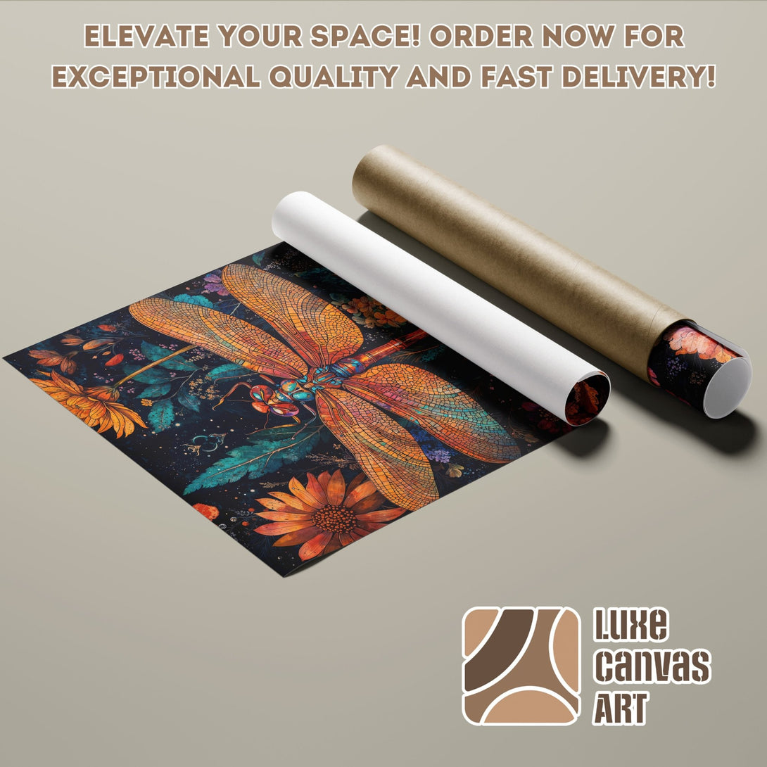 Dragonfly Poster Roll with vibrant floral art. Perfect wall decor in orange, teal, and black. Order now!