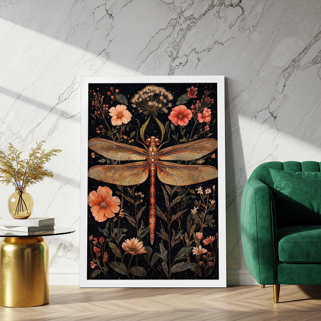 Framed Poster featuring a dragonfly and floral design in warm orange and black tones. Perfect wall art for any space!
