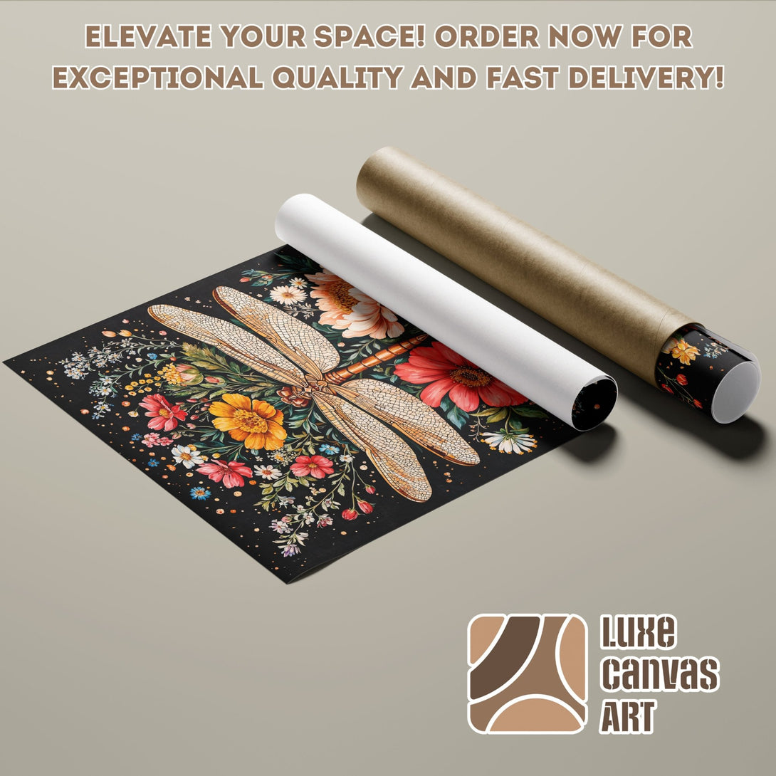 Poster Roll featuring a dragonfly and floral design. Artistic style with a black, red, and yellow color palette. Order yours today!