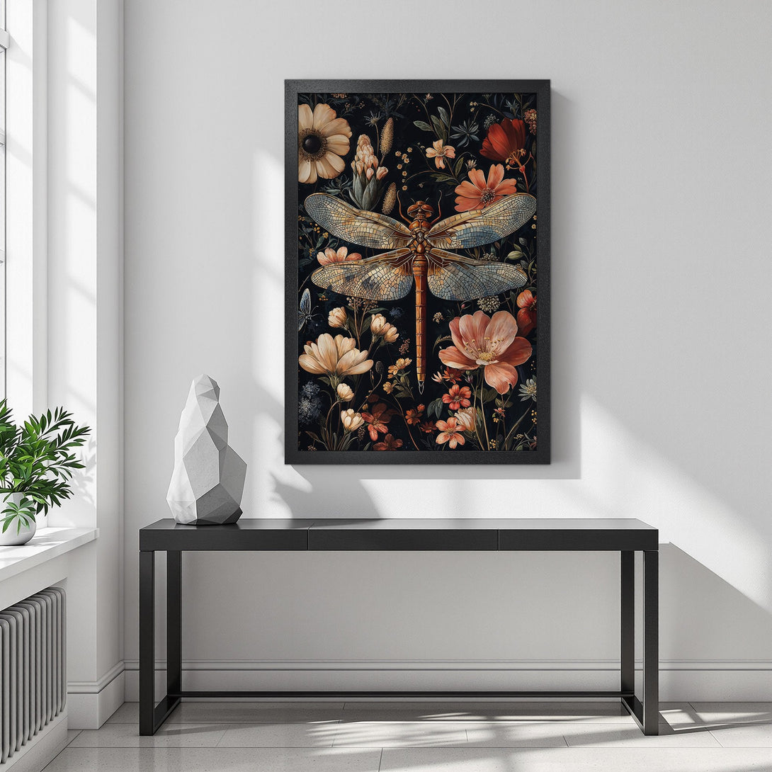 Framed Poster featuring a dragonfly and floral design. Vintage style with a dark, moody color palette of black, orange, and beige. Perfect wall art!