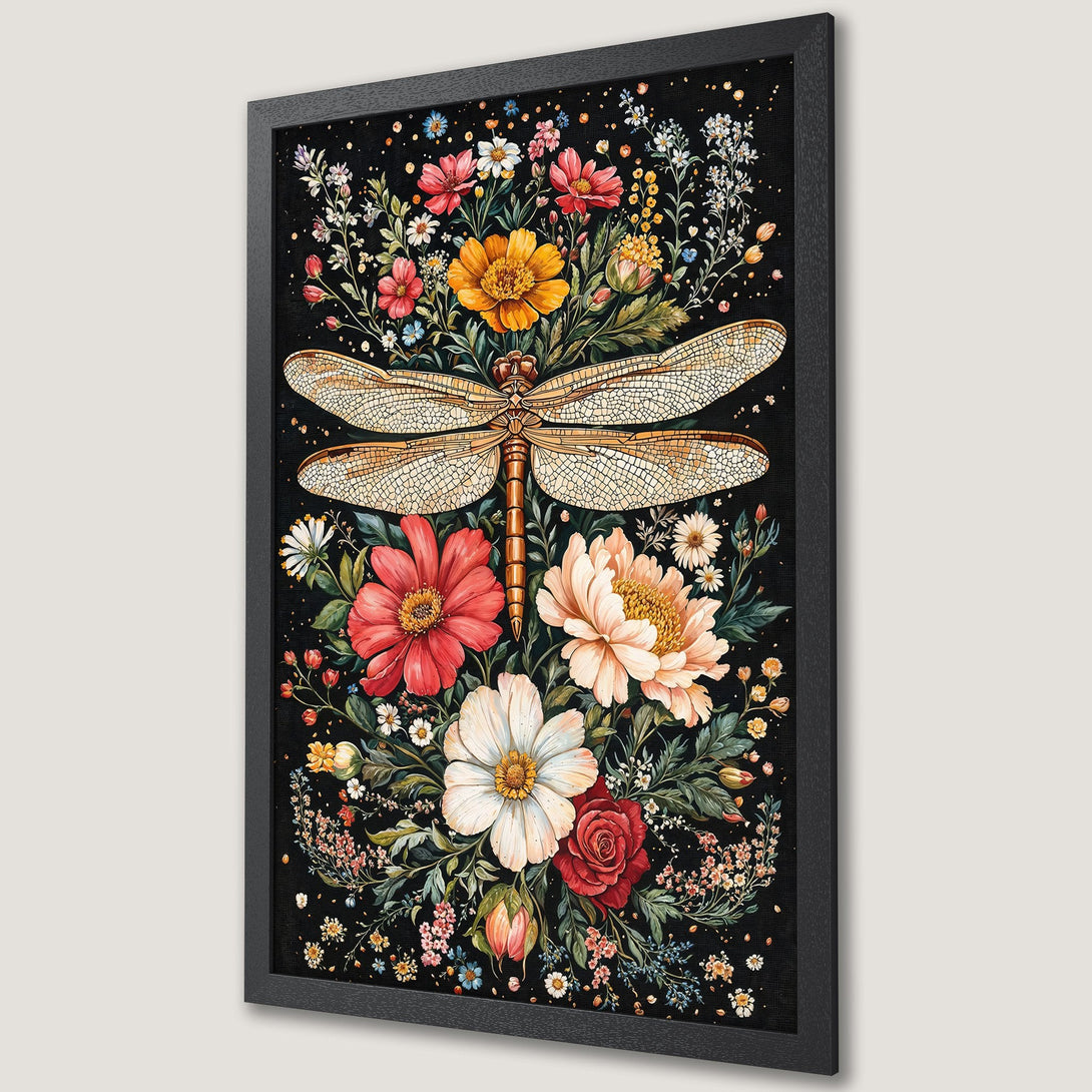 Framed Poster featuring a dragonfly and floral design with a vibrant color palette on a black background. Perfect wall art!