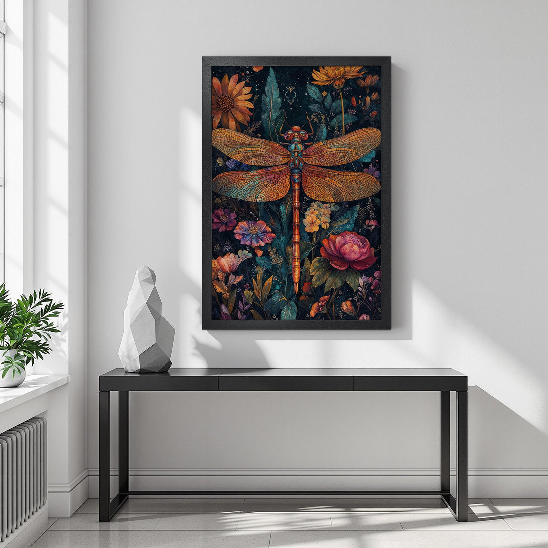 Framed Poster featuring a vibrant dragonfly design with floral accents. Earthy tones and a dark background create a stunning art piece.