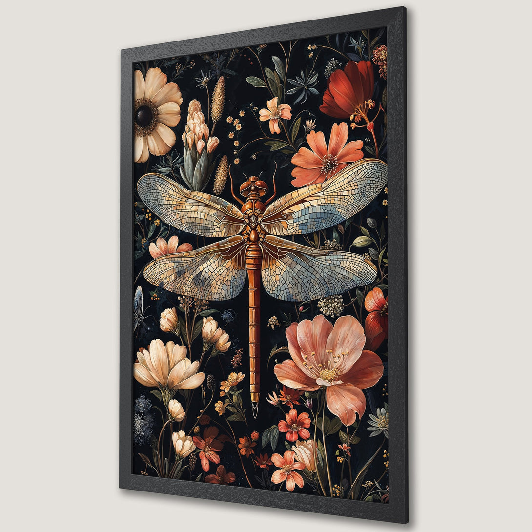 Framed Poster featuring a dragonfly and floral design in a vintage style with a warm, earthy color palette. Perfect wall art!
