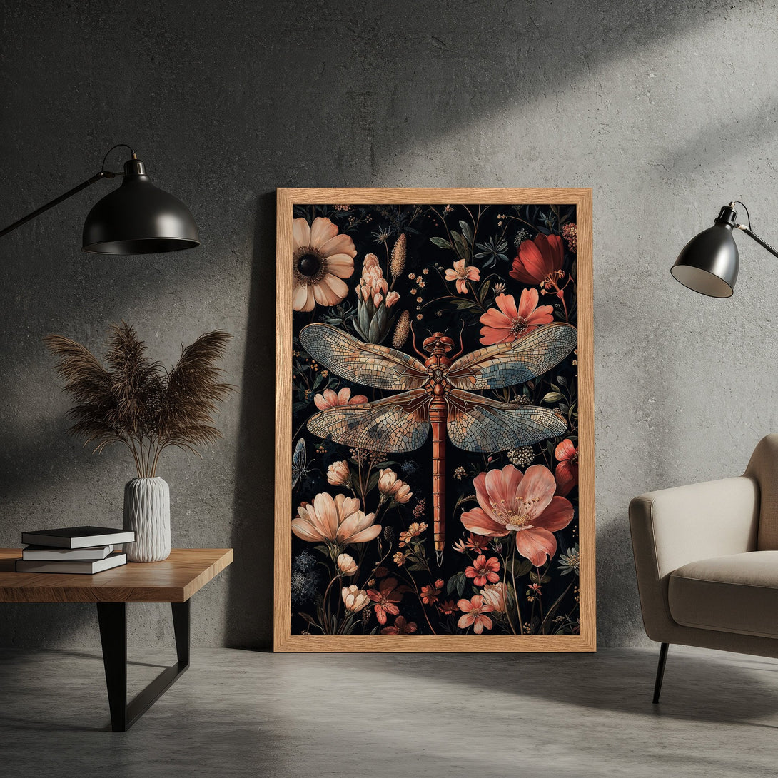 Framed Poster featuring a dragonfly and floral design in a vintage style with a dark, moody color palette. Perfect wall art!