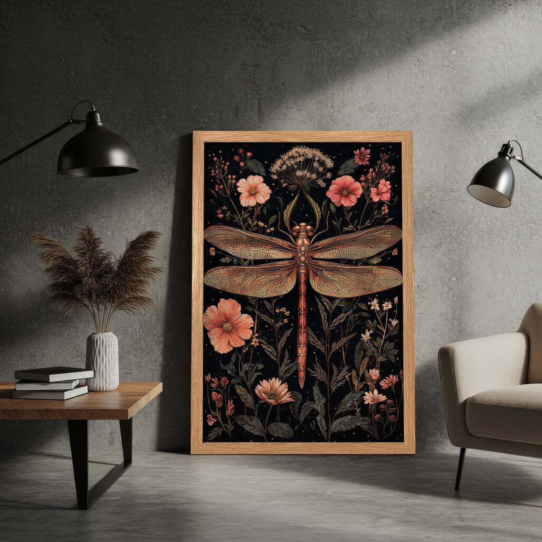 Framed Poster featuring a dragonfly and floral design. Vintage style with a black, peach, and brown color palette. Perfect wall art.