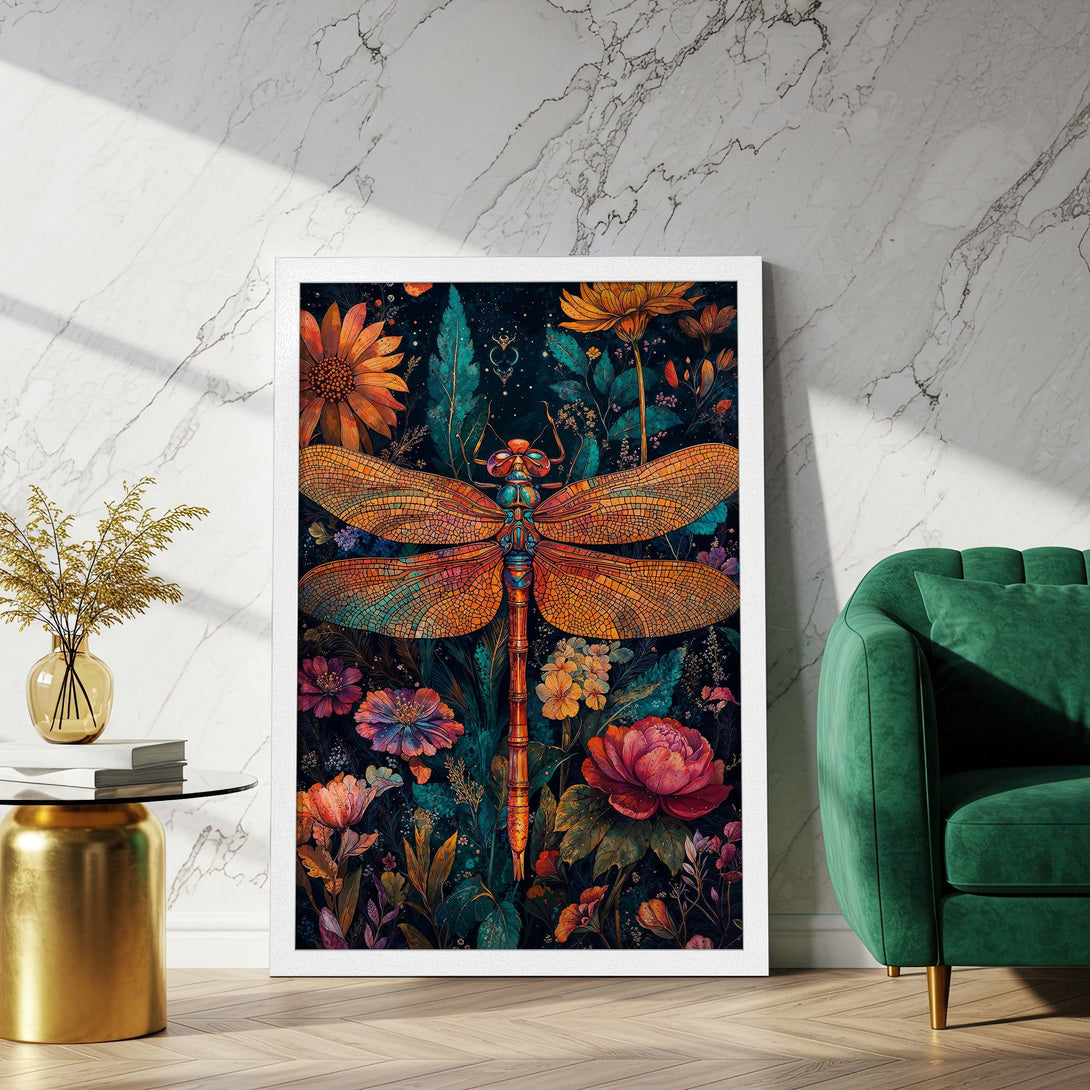 Framed Poster featuring a vibrant dragonfly and floral design. Artistic style with warm orange, teal, and deep blue color palette. Perfect wall art!