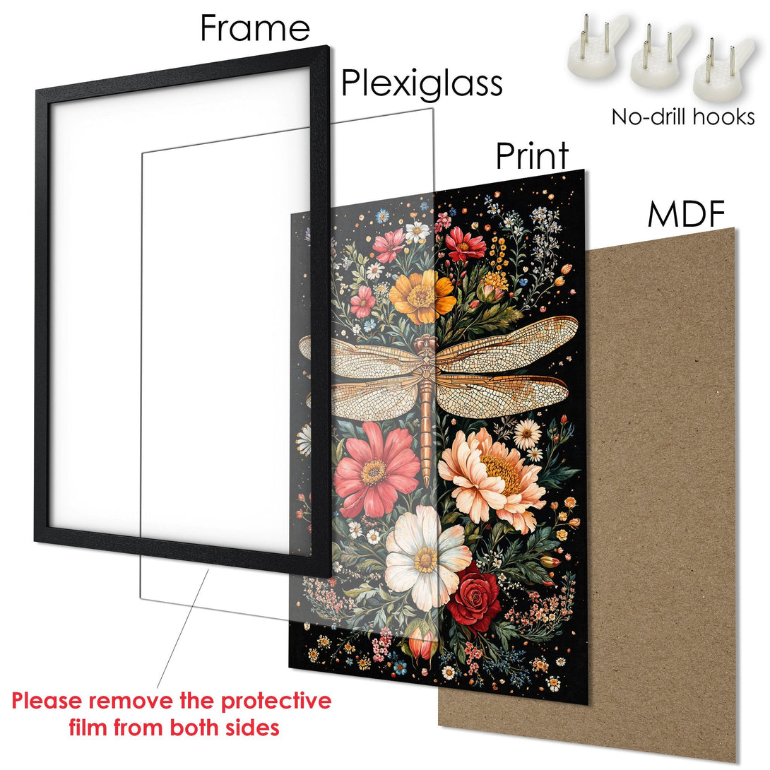 Framed Poster featuring a dragonfly and floral design in a vibrant, colorful palette. Perfect wall art for any room!