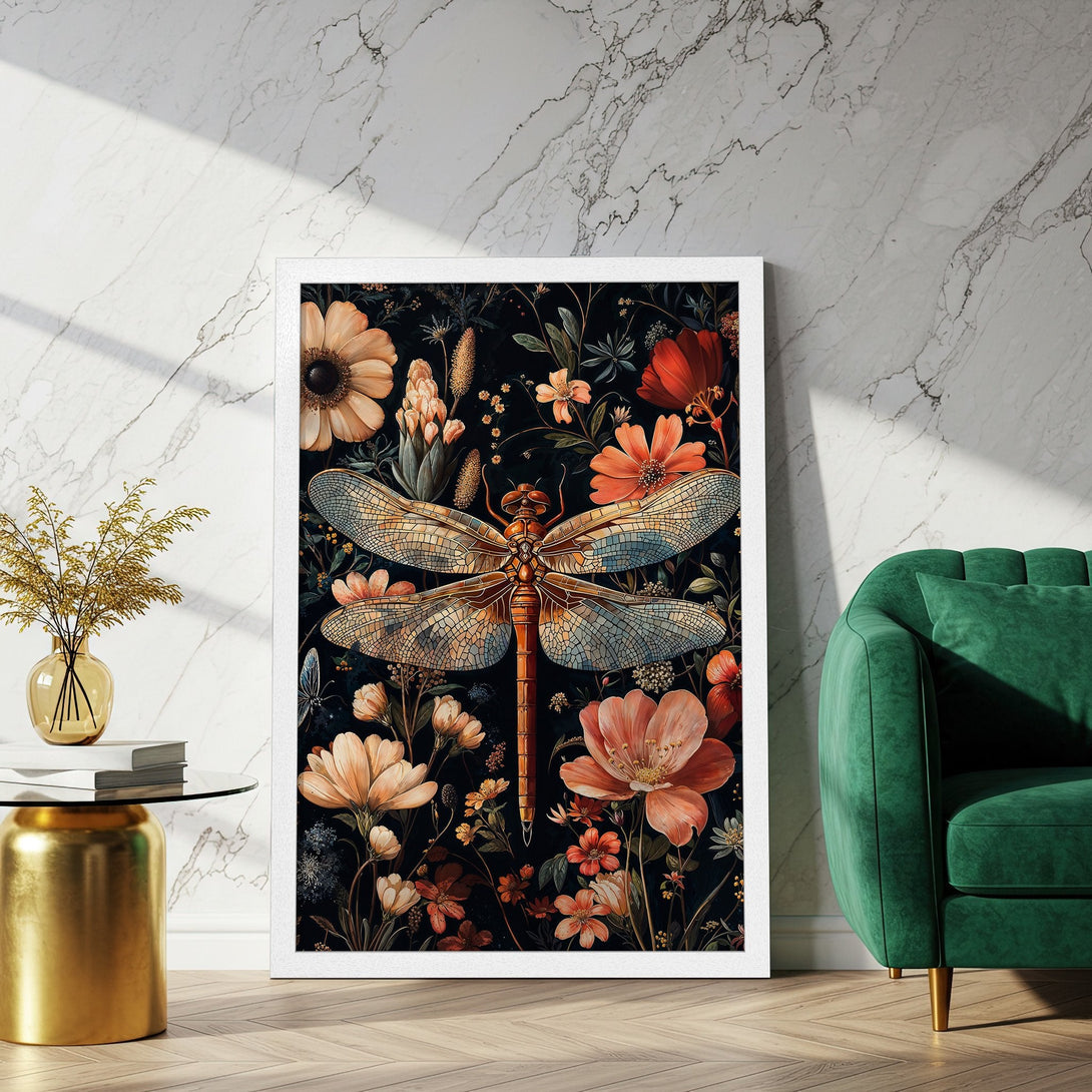 Framed Poster featuring a dragonfly and floral design in a vintage style with a warm, earthy color palette. Perfect wall art!