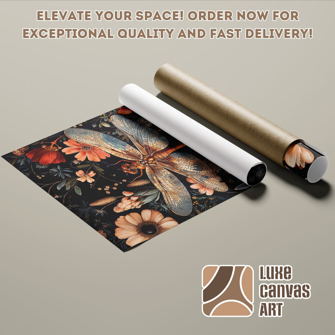 Dragonfly floral Poster Roll art print, featuring a dark background with orange and blue accents. Perfect wall decor!