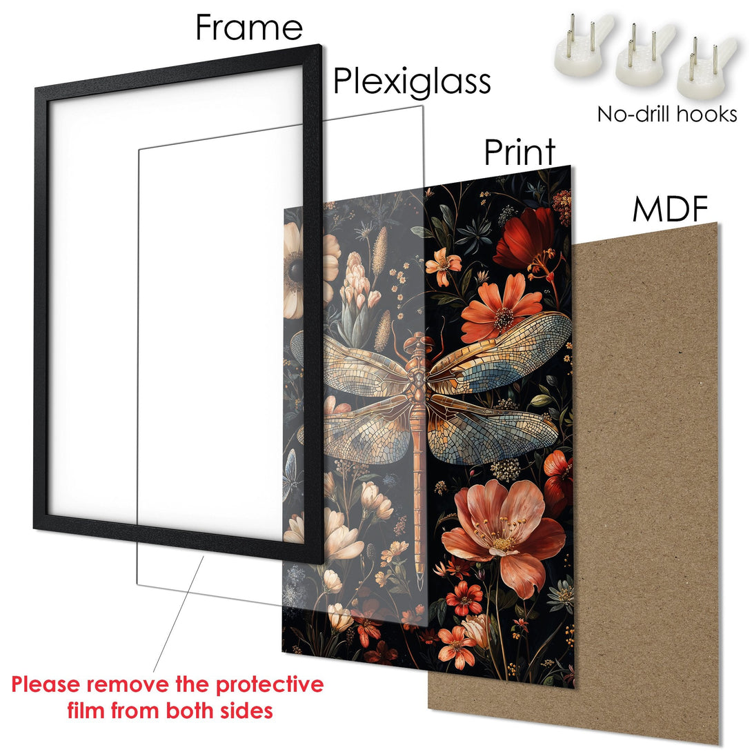 Framed Poster with floral and dragonfly design. Features a dark, moody color palette. Perfect wall art!