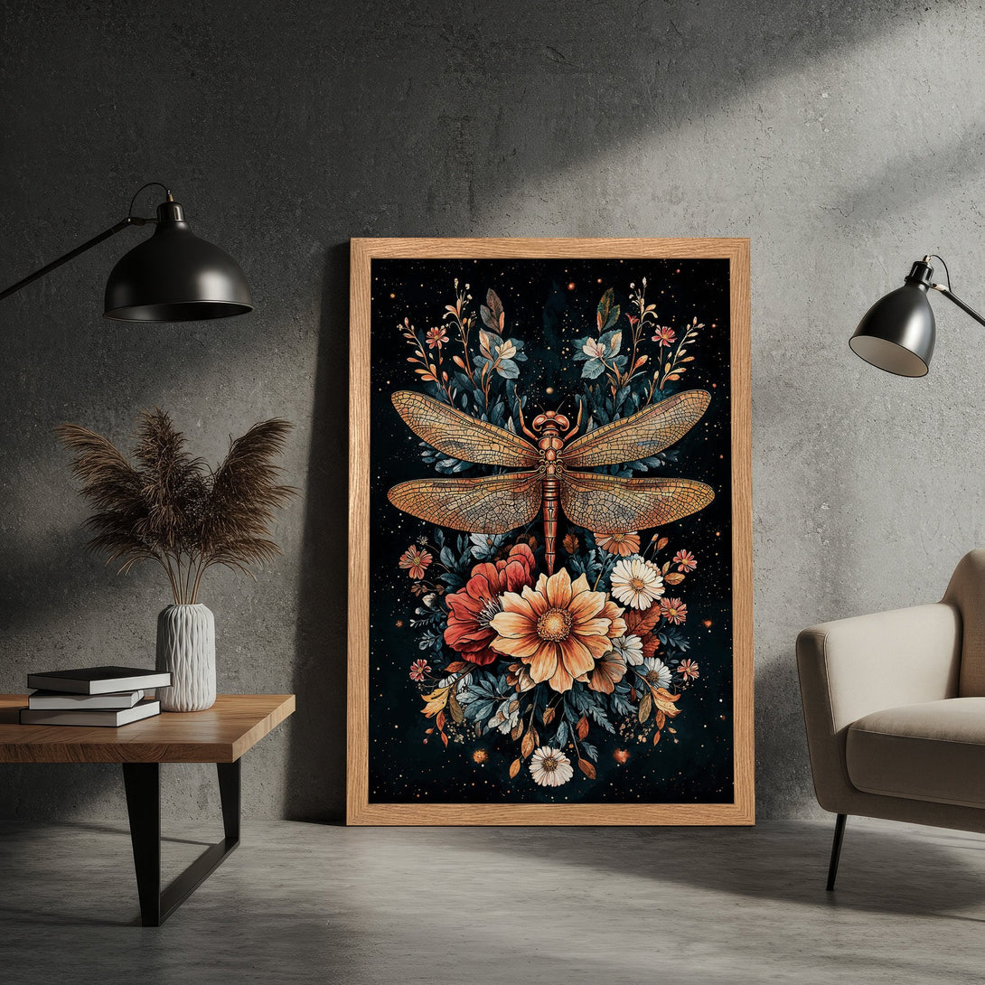 Framed Poster featuring a dragonfly and floral design in watercolor style, with a dark, warm color palette. Perfect wall art!