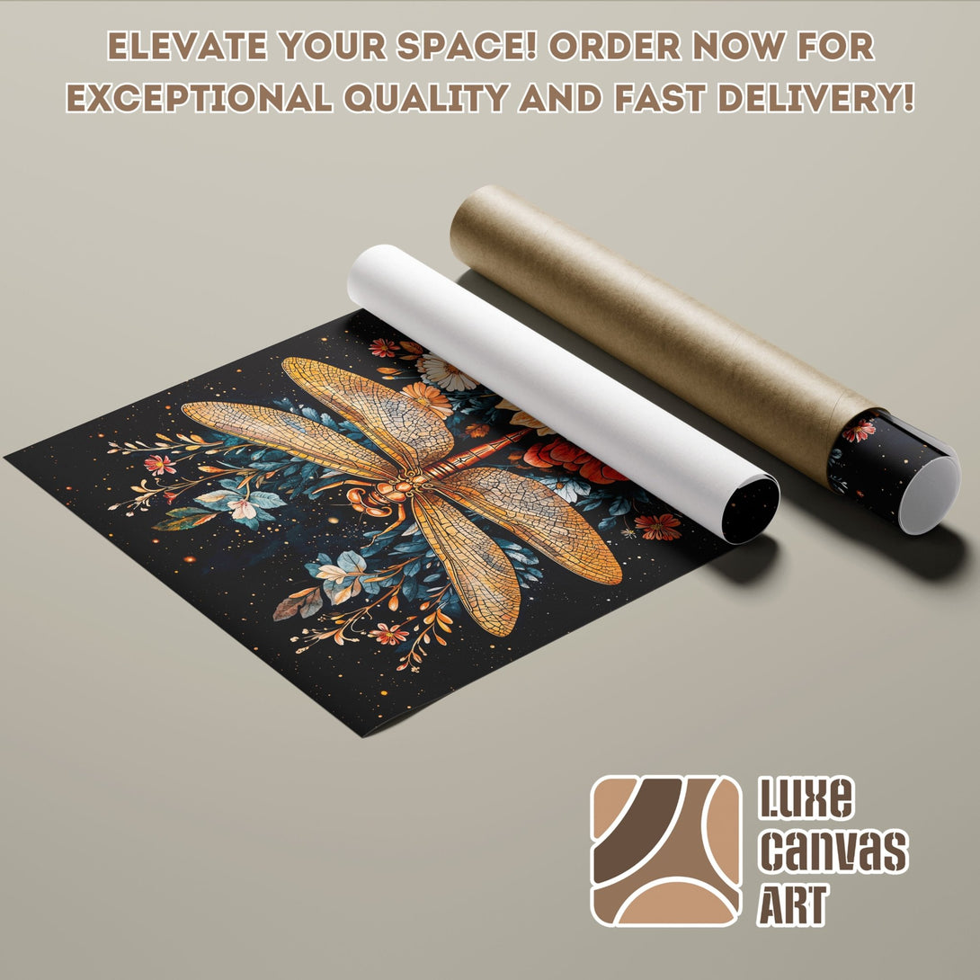 Dragonfly Poster Roll, watercolor style art with gold and teal accents on a black background, perfect for home decor.