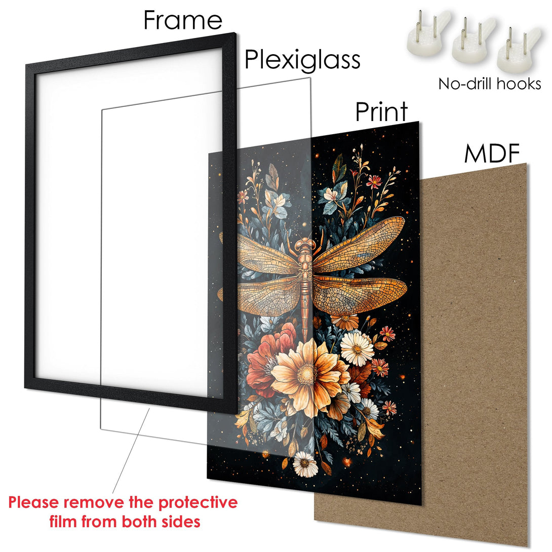Framed Poster featuring a dragonfly & floral design, warm color palette, and elegant style. Perfect wall art for any room!