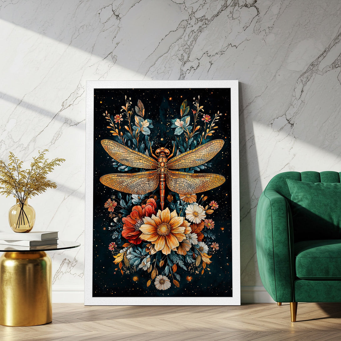 Framed Poster featuring a dragonfly and floral design, artistic style with a dark, moody color palette. Perfect wall art!