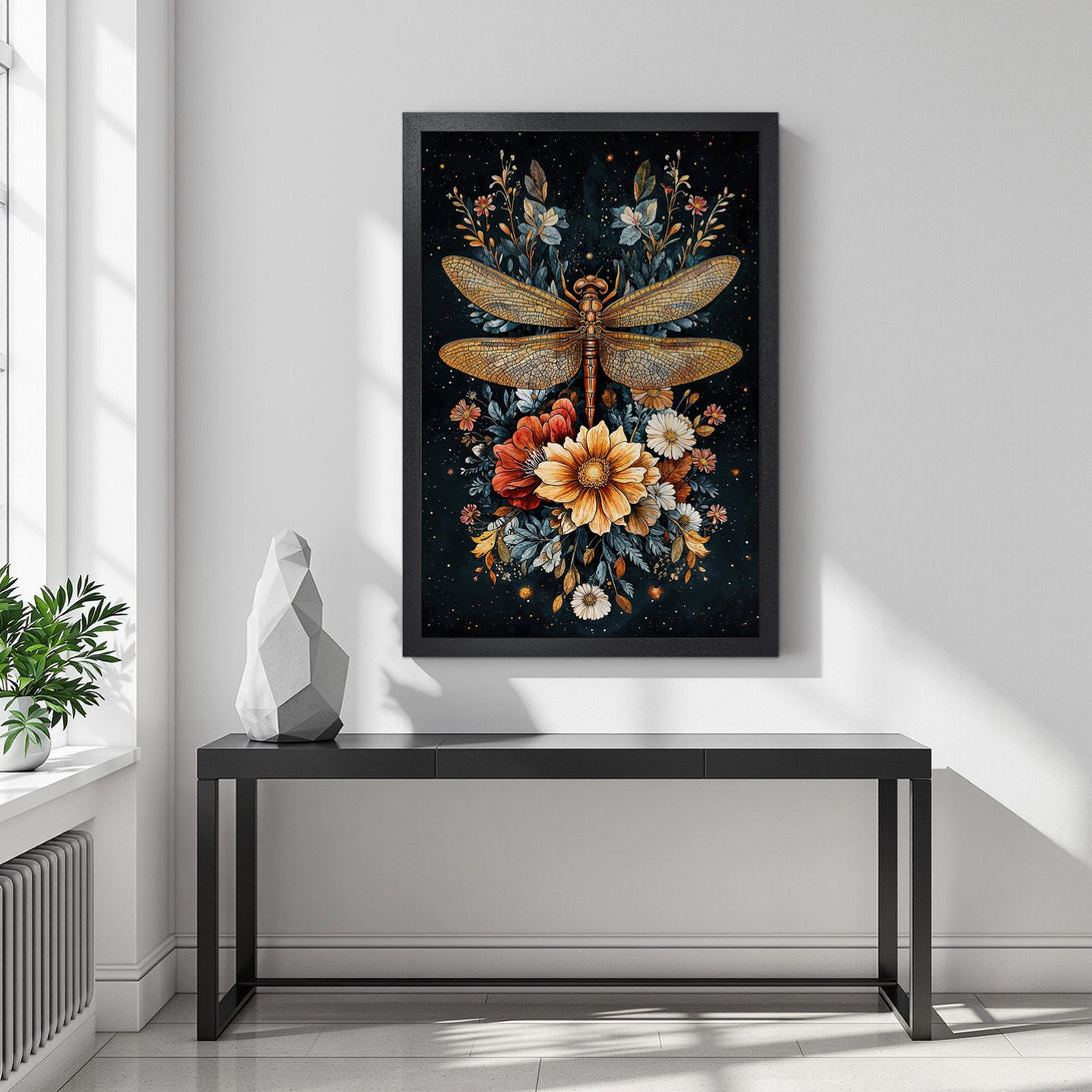 Framed Poster featuring a golden dragonfly and floral design, set against a dark background with a warm color palette. Perfect wall art!