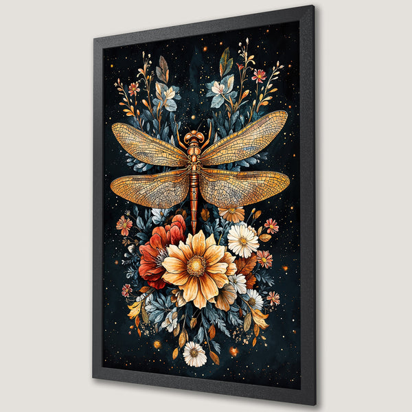 Framed Poster featuring a watercolor dragonfly and floral design in warm gold, orange, and blue hues, perfect wall art.